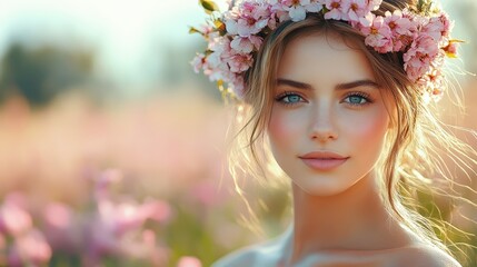 Obraz premium Spring blossoms create a stunning backdrop for a young woman wearing a floral crown, showcasing natural beauty and charm during sunny outdoor moments