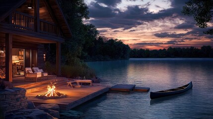 Obraz premium Cozy lakeside cabin at dusk with a campfire and canoe.