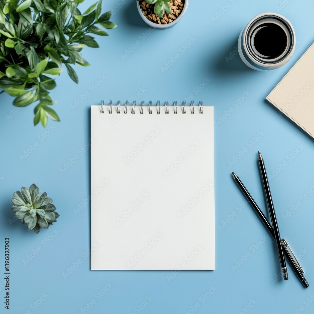 Poster blank notebook on blue table with plant and coffee cup providing space for text or ideas in a creati