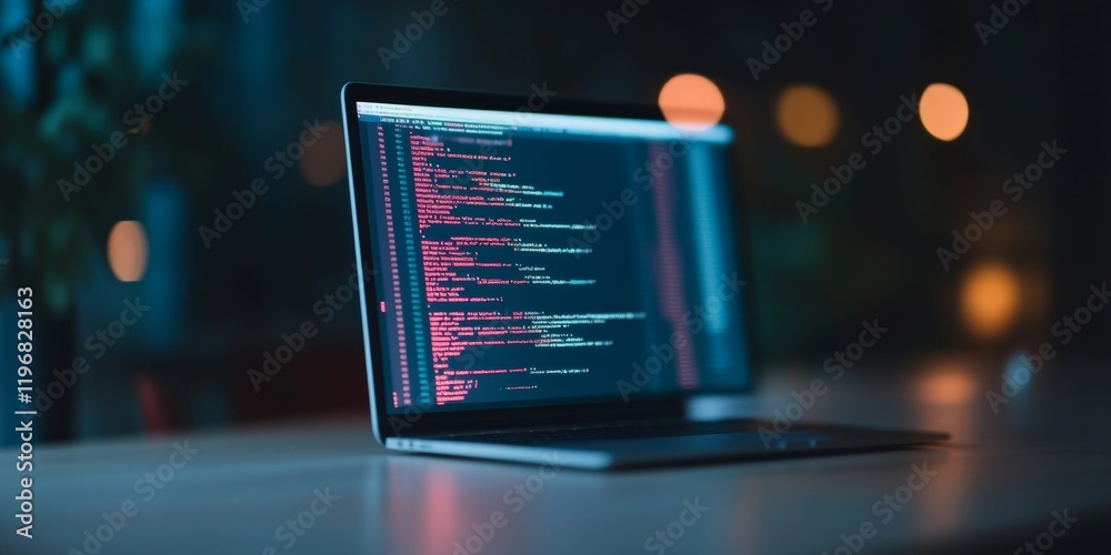 Poster laptop displaying code with laptop on a desk - evening ambiance and laptop technology in focus