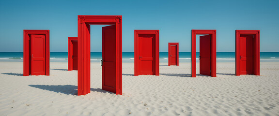 Surreal beach scene with vibrant red doors against serene blue horizon, evoking curiosity and abstract mystery