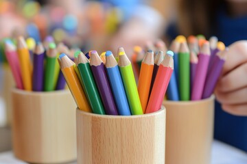 Colorful Pencils in Wooden Holder Creative Art Supplies for Kids