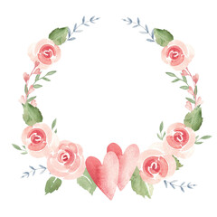 Valentine's day or Wedding floral Wreath from Couple of Hearts, Pink Roses and Branches. Circle Frame, Border. Simple painting isolated on a white background. Love and Romantic illustration for cards