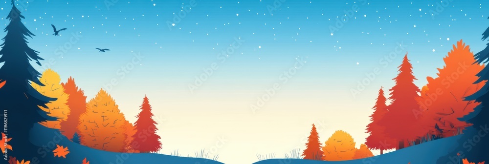 Poster vibrant autumn landscape with colorful trees and clear blue sky for text placement and creative desi