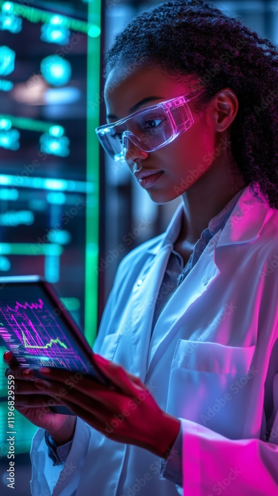Aufkleber scientist analyzing virus data in neon-lit laboratory, scientist focused on digital health innovatio