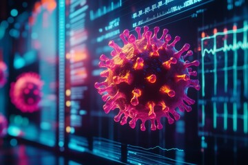 Virus Model Displayed on Digital Screen with Virus Model in Focus for Health Awareness and Prevention