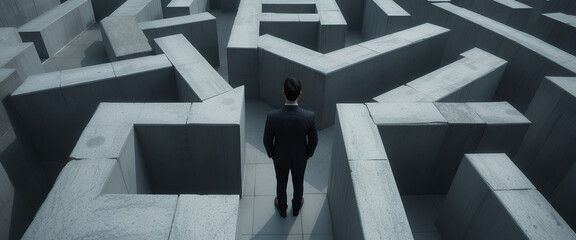 Abstract illustration of a businessman navigating a complex concrete maze from a high-angle perspective, evoking curiosity and introspection