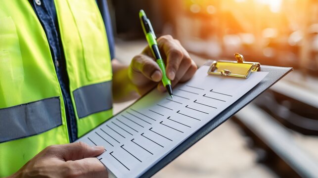 Worker Completing Checklist Outdoors Bright Sunlight Safety Vest