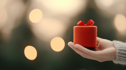 Festive composition of a red gift box tied with a decorative ribbon set against a blurred background of warm holiday lights evoking joy and anticipation