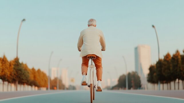 Bicycle Commute in an Urban Setting - A Middle-Aged Man Enjoys Bicycle Riding on a City Trail, Emphasizing Green Transportation, Bicycle Commute, and Urban Lifestyle