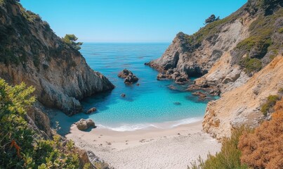 Naklejka premium Secluded cove, turquoise water, sandy beach, cliffs.