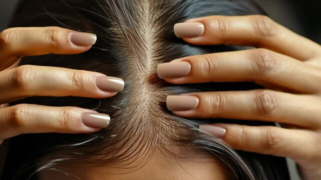 Hands inspecting healthy hair closely.Detailed scalp and examination.Skin care routine calm setting.Close look health home.Personal grooming focused.Intimate moment regimen.