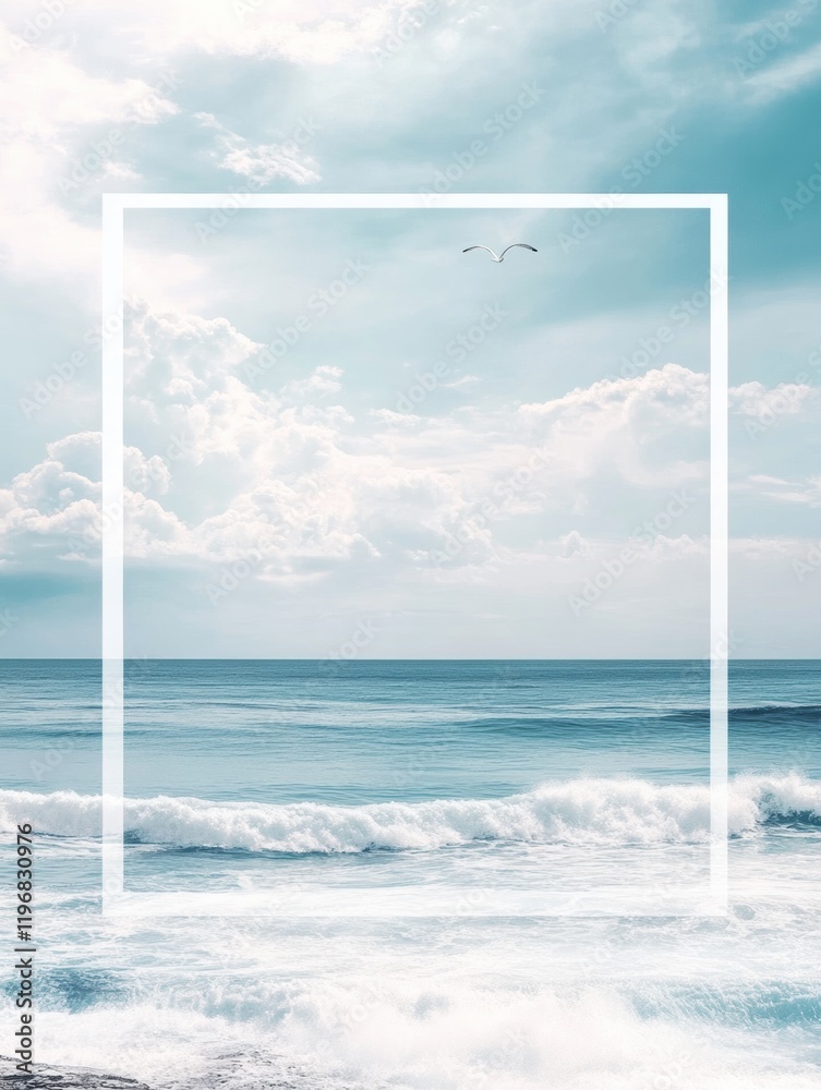 Poster Tranquil ocean view with ideal space for text and calm waves along the shoreline during soft daylight hours. Generative AI