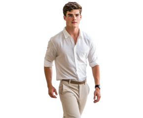 A Handsome Man in a White Shirt and Beige Pants - Fashionable and Confident , isolated on white background PNG
