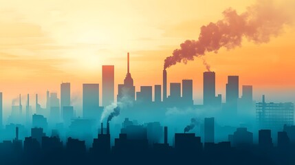 Fototapeta premium Smog Pollution Cityscape Industrial Skyline Urban Sunset Dramatic Orange Haze Air Pollution Environmental Problem Global Warming Climate Change Industrial 