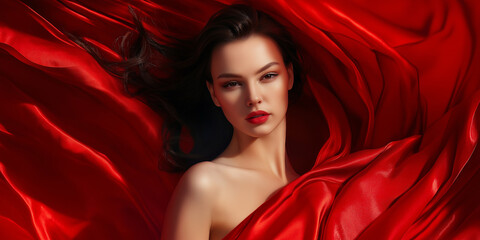 Elegantes Porträt einer Frau, umgeben von dynamisch flatterndem, leuchtend rotem Seidentuch. Dramatische Beleuchtung und künstlerische Komposition