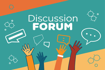 colorful raised hands, speech bubbles, diverse communication, flat design illustration, vibrant colors, community engagement, discussion forum concept, participation, social interaction, geometric sha