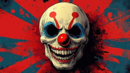 Funny laughing skull with clown makeup and vibrant colors creating a striking visual impact in a playful and whimsical atmosphere at a fictional carnival setting