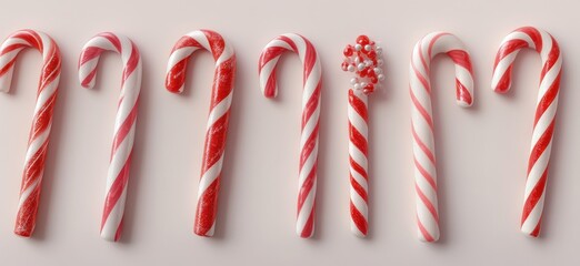 Fototapeta premium Colorful and Festive Candy Canes Displayed on a Light Background Perfect for Holiday Celebrations, Winter Festivities, and Seasonal Decorations