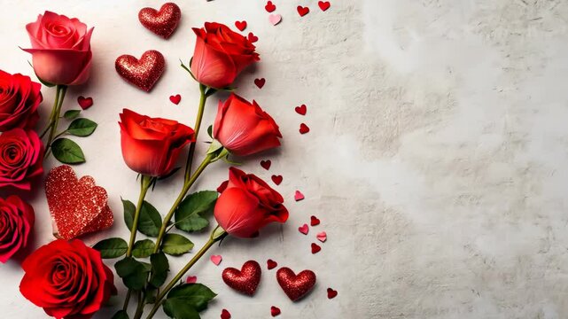 A beautiful arrangement of vibrant red roses is complemented by scattered heart-shaped confetti, creating a romantic atmosphere for a heartfelt celebration. Perfect for any love-filled event