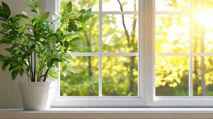 Fototapeta premium Serene Plant in White Pot by Sunny Window View