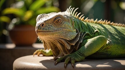 Fototapeta premium A close-up of a green iguana resting on a surface, showcasing its vibrant scales and features.