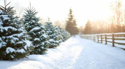 Fototapeta premium Enchanting christmas tree farm with snow-covered fences and winter landscape