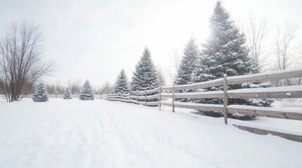 Winter wonderland at christmas tree farm with wooden fence and snow-covered evergreens