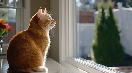 Golden Cat Gazing Out Window Sunlight Home Cozy