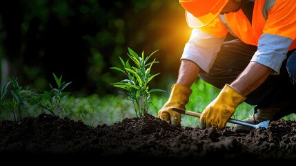 Naklejka premium Planting a Sapling Nature Conservation Environmental Worker