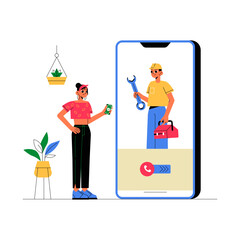 Woman Calling Repairman On Smartphone In Flat Vector Illustration Symbolizing Customer Support, Home Repairs, And On Demand Services, Isolated On White Background.