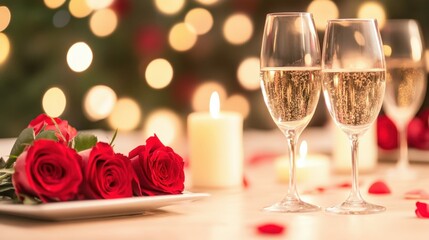 Romantic candlelit dinner with roses and wine glasses for intimate celebration