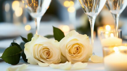 Romantic candlelit dinner table setting with wine glasses and white roses