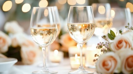 Romantic candlelit dinner setting with wine glasses and roses for special occasions