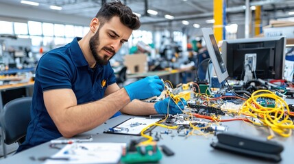 Focused Technician Assembling Electronics in Modern Factory Setting