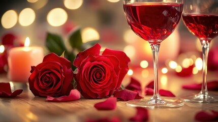Romantic candlelit dinner setting with wine and roses for special occasions