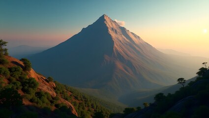Majestic Arunachala mountain bathed in golden sunlight, symbolizing serenity and spiritual journey, suitable for travel brochures and meditation guides