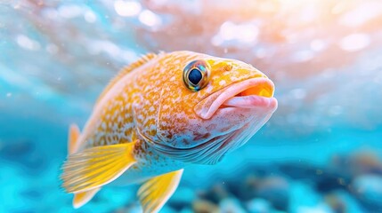Fototapeta premium Underwater close-up of a yellow fish swimming in ocean