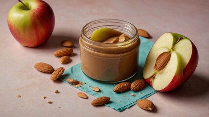 A jar of almond butter surrounded by apples and almonds on a pastel background.