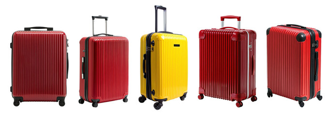PNG Vibrant luggage collection display, isolated element set, transparent background