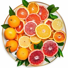 A platter of assorted citrus fruits including oranges, grapefruits, and mandarins
