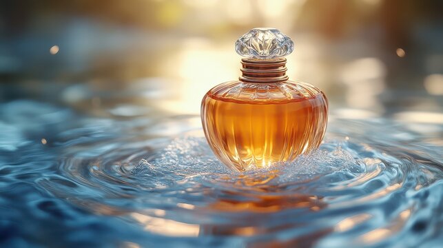 Luxury perfume displayed in tranquil water, illuminated by golden sunlight in a serene setting, evoking elegance and sophistication against a backdrop of nature