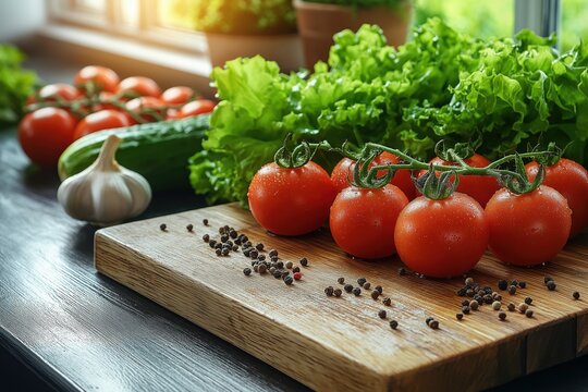 Fresh vegetables including tomatoes, lettuce, and garlic on a rustic wooden kitchen countertop in warm afternoon light