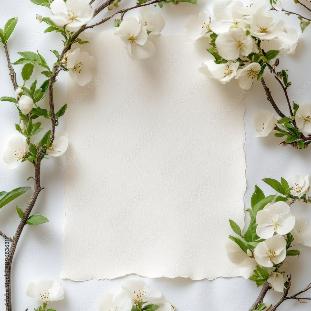 Poster blank paper surrounded by delicate white flowers and branches, ideal for creative design projects or