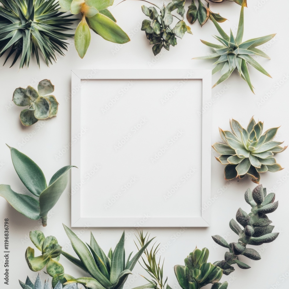 Leinwandbilder empty frame surrounded by various green plants on a light surface ready for creative display. genera