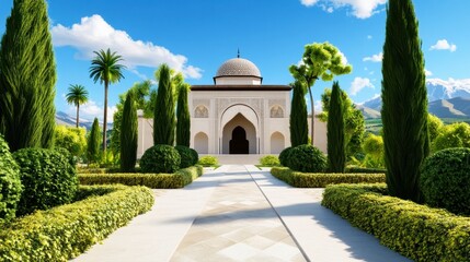 Fototapeta premium Serene Garden Pathway Leading to Majestic Architectural Structure