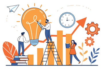 Colorful vector illustration, business teamwork concept, giant light bulb, people working together, office setting, growth chart, clock, ladder, books, gears, bright orange and blue colors, flat desig