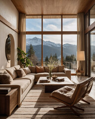 Fototapeta premium Elegant European living room with beige sofa wood table fireplace and dramatic mountain views through large windows Interior Design Inspiration