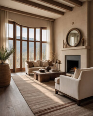 Fototapeta premium Elegant European living room with beige sofa wood table fireplace and stunning mountain view as a focal point Interior Design Inspiration