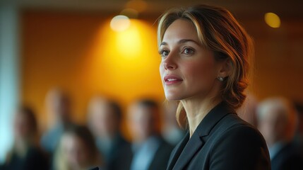 Obraz premium Businesswoman delivers a compelling presentation during a professional seminar in a modern conference room filled with attentive attendees in the afternoon
